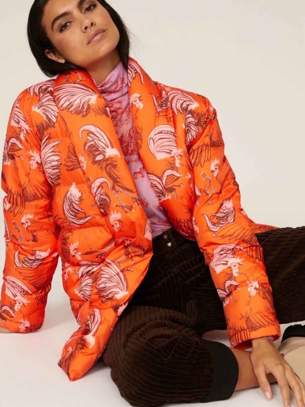 Rachel Antonoff Orange Rooster-Print Puffer Bomber Jacket (flaw belt)